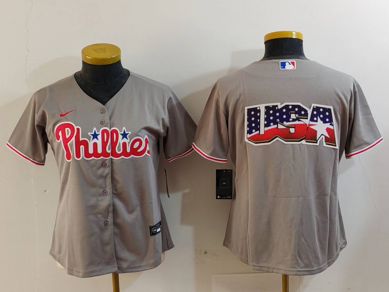 Youth Philadelphia Phillies Team Big Logo Grey Cool Base Stitched Baseball Jersey